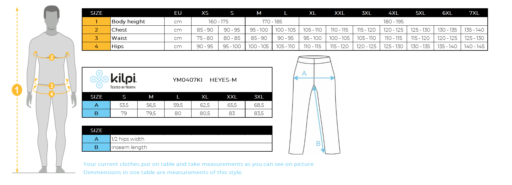 Men's running pants Kilpi HEYES-M – Size chart
