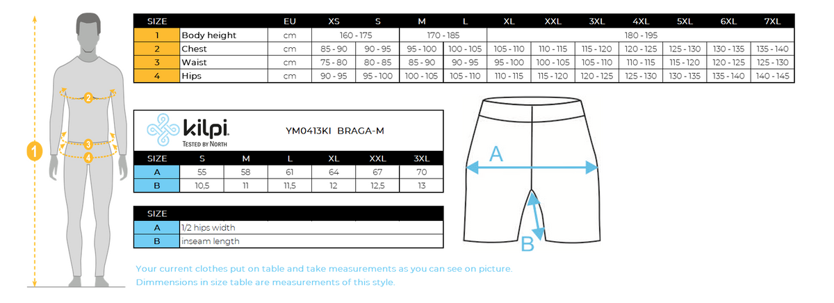 Men's running shorts Kilpi BRAGA-M – Size chart