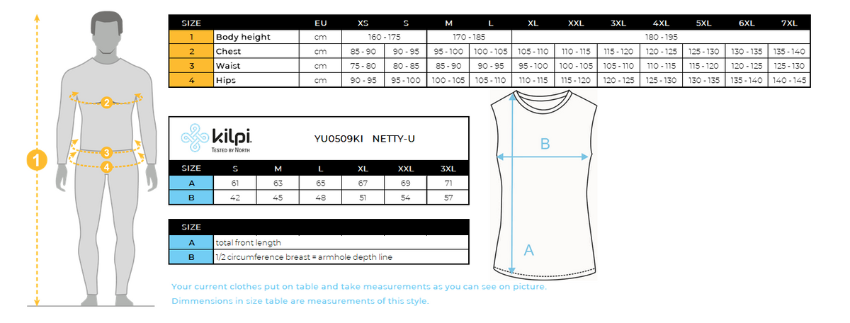 Unisex functional top Kilpi NETTY-U – Size chart