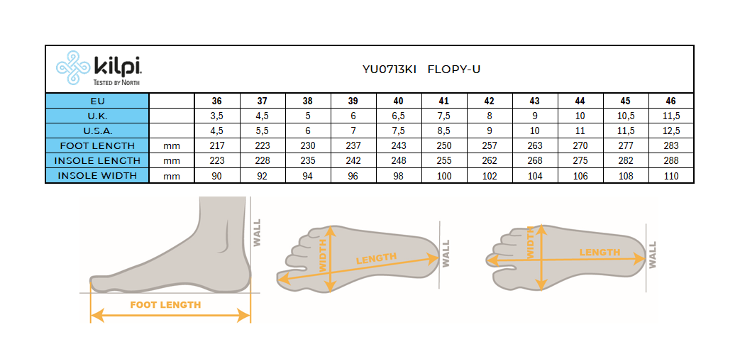 Unisex slippers Kilpi FLOPY-U – Size chart