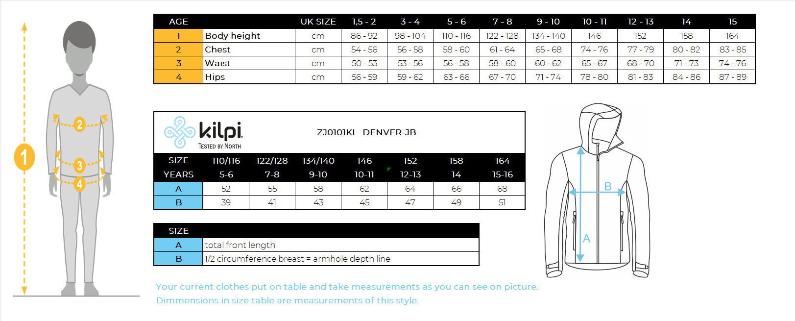 Boy's ski jacket Kilpi DENVER-JB – Size chart