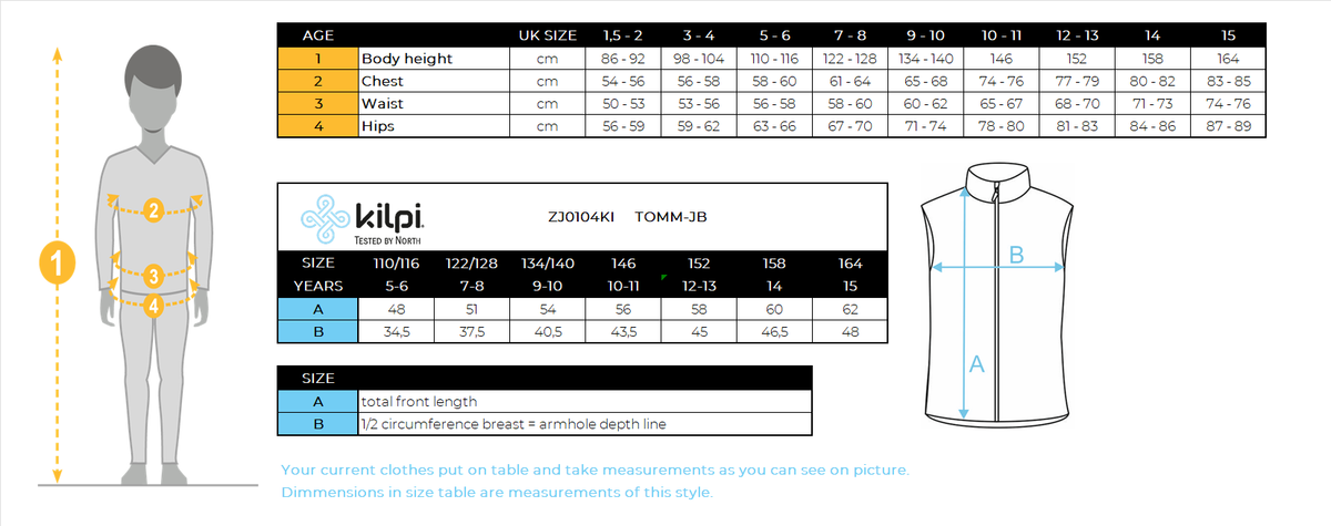 Boy's insulated vest Kilpi TOMM-JB – Size chart