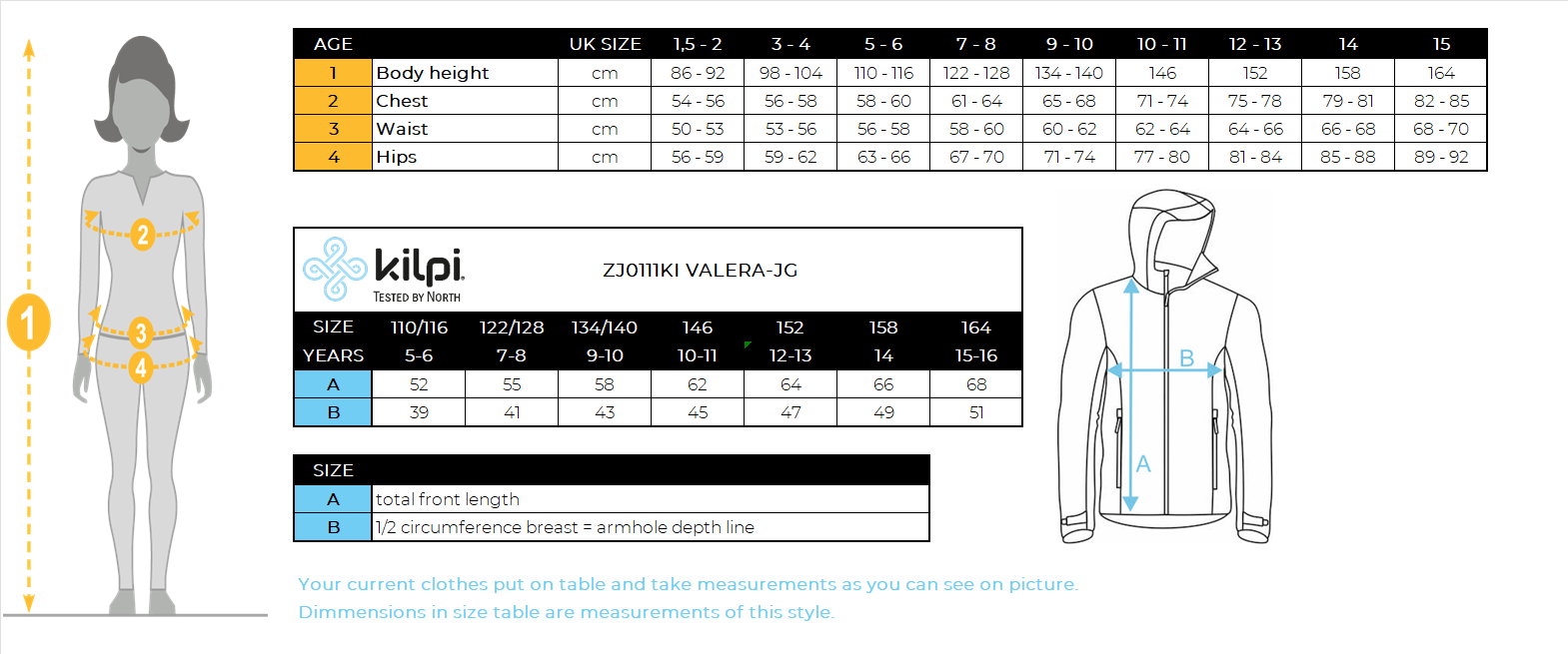 Girl's ski jacket Kilpi VALERA-JG – Size chart
