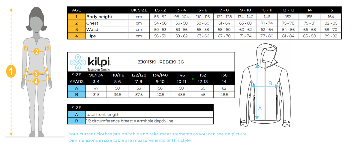 Girl's insulated jacket Kilpi REBEKI-JG – Size chart