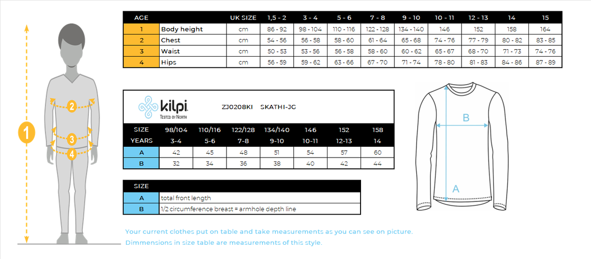 Girl's hairy fleece middle layer Kilpi SKATHI-JG – Size chart