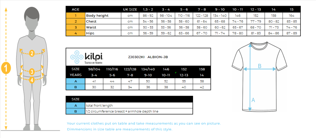 Boy's cotton T-shirt Kilpi ALBION-JB – Size chart