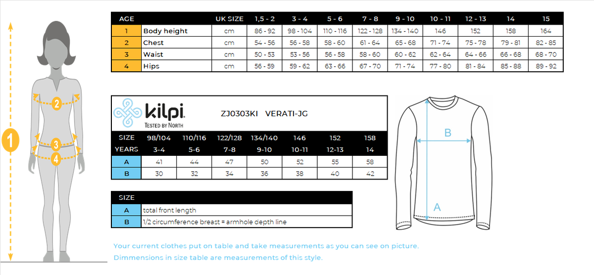 Girl's cotton long-sleeve T-shirt Kilpi VERATI-JG – Size chart