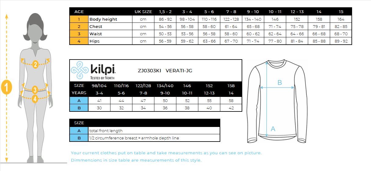 Girl's cotton long-sleeve T-shirt Kilpi VERATI-JG – Size chart