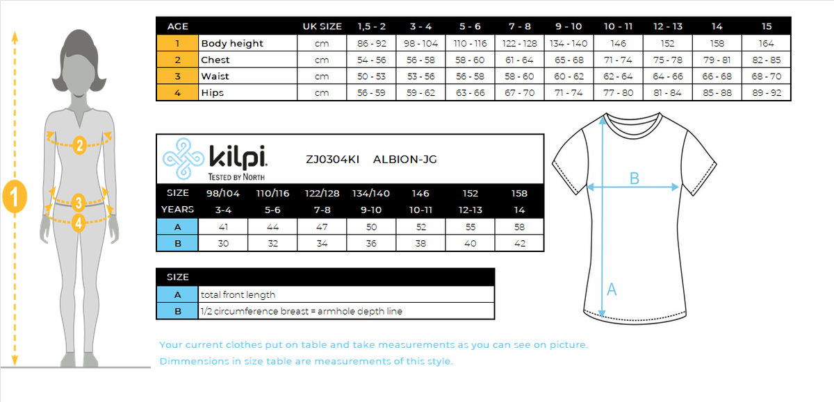 Girl's cotton T-shirt Kilpi ALBION-JG – Size chart