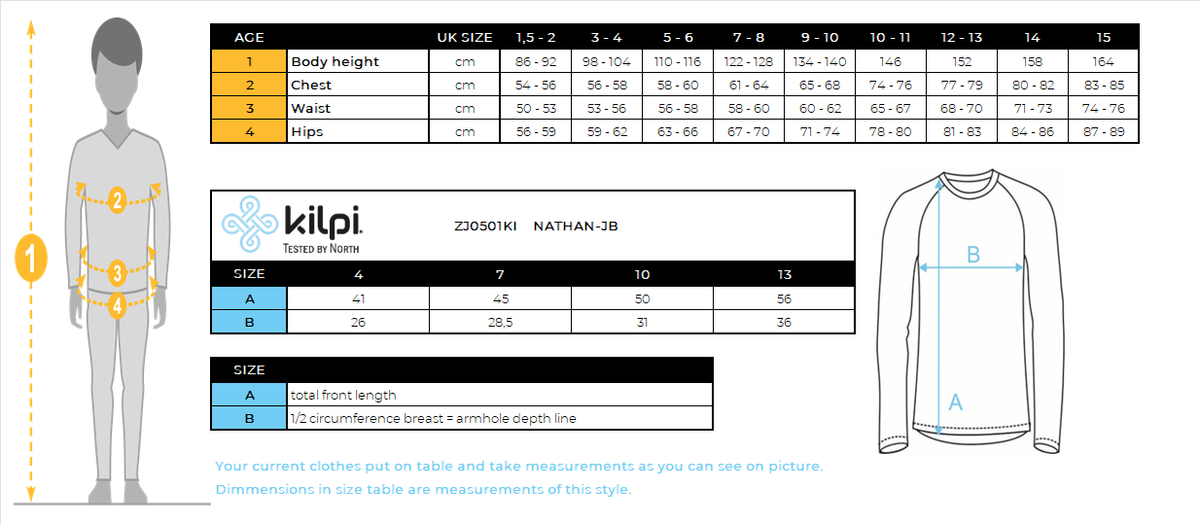 Boy's seamless thermal long-sleeve T-shirt Kilpi NATHAN-JB – Size chart
