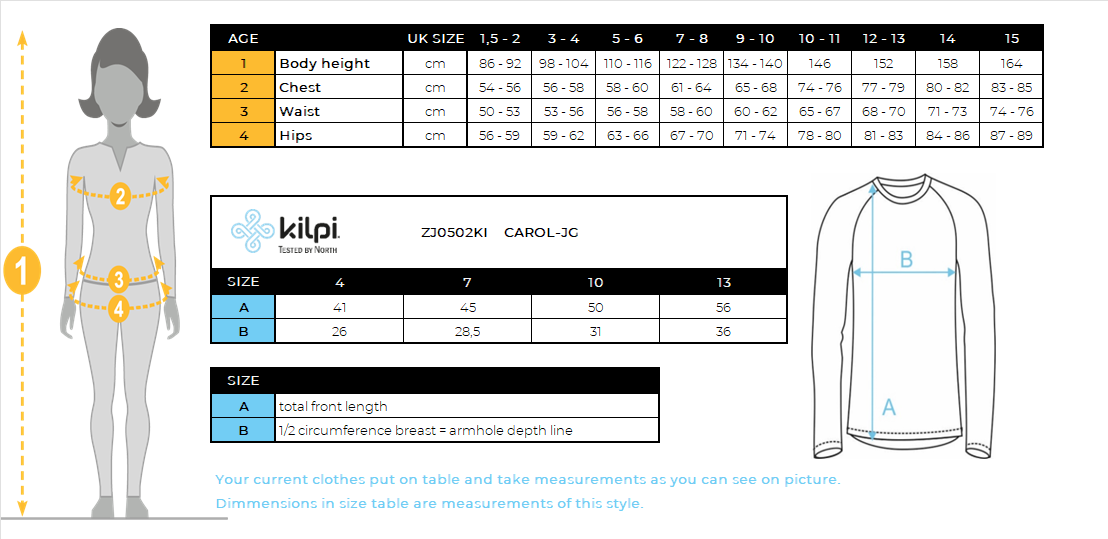 Girl's seamless thermal long-sleeve T-shirt Kilpi CAROL-JG – Size chart