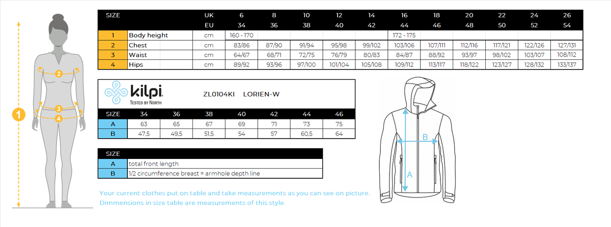 Women's ski jacket Kilpi LORIEN-W – Size chart