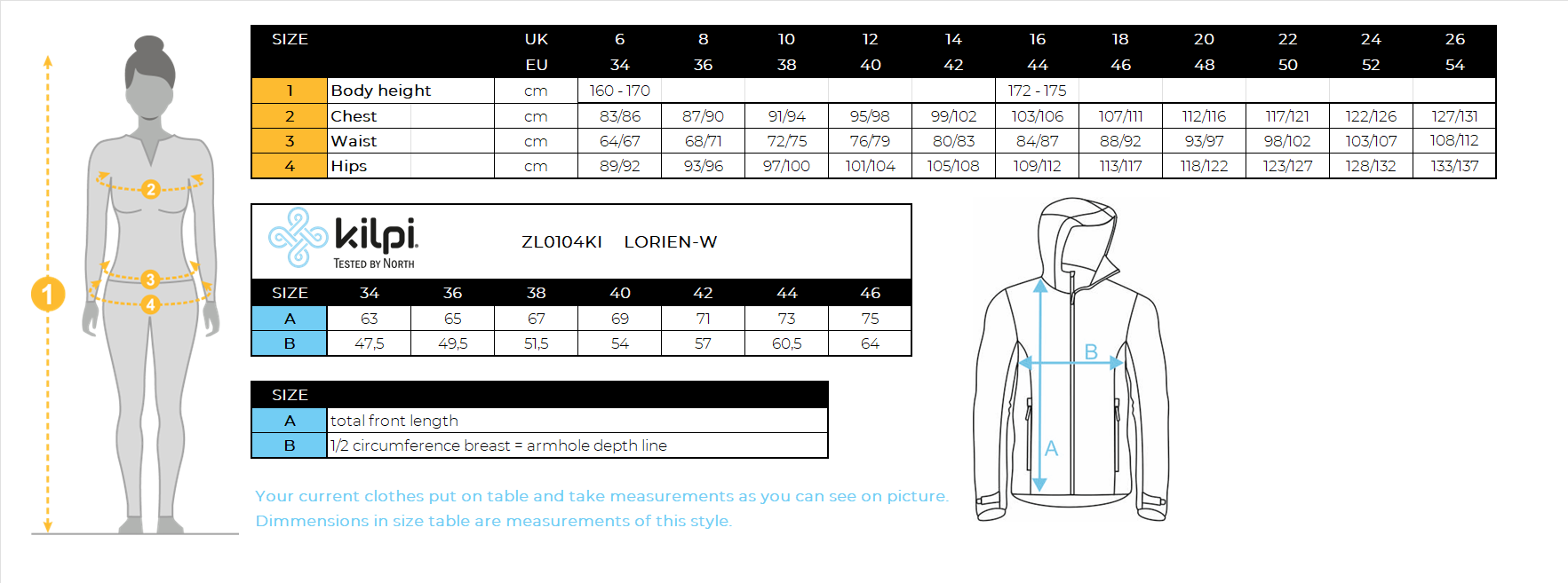 Women's ski jacket Kilpi LORIEN-W – Size chart