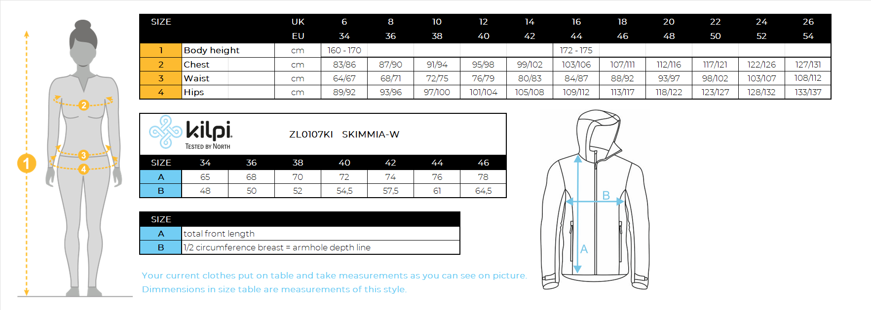 Women's ski jacket Kilpi SKIMMIA-W – Size chart