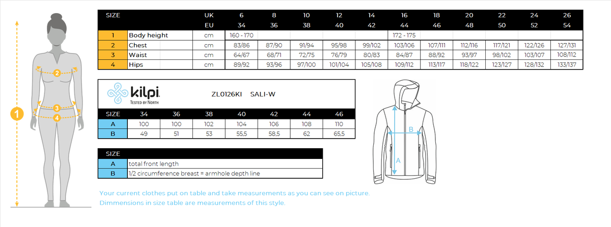 Women's insulated coat Kilpi SALI-W – Size chart