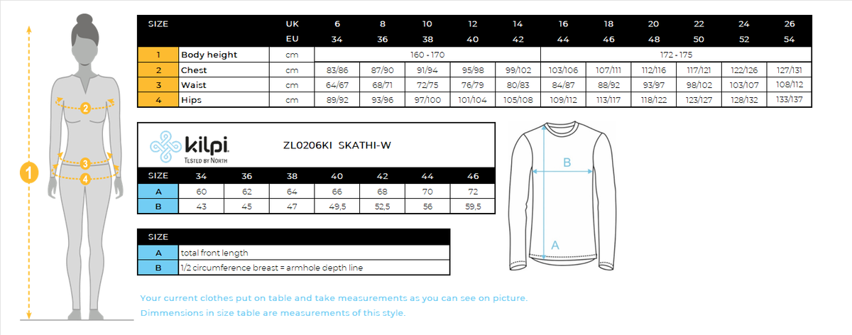 Women's warm sweatshirt Kilpi SKATHI-W – Size chart