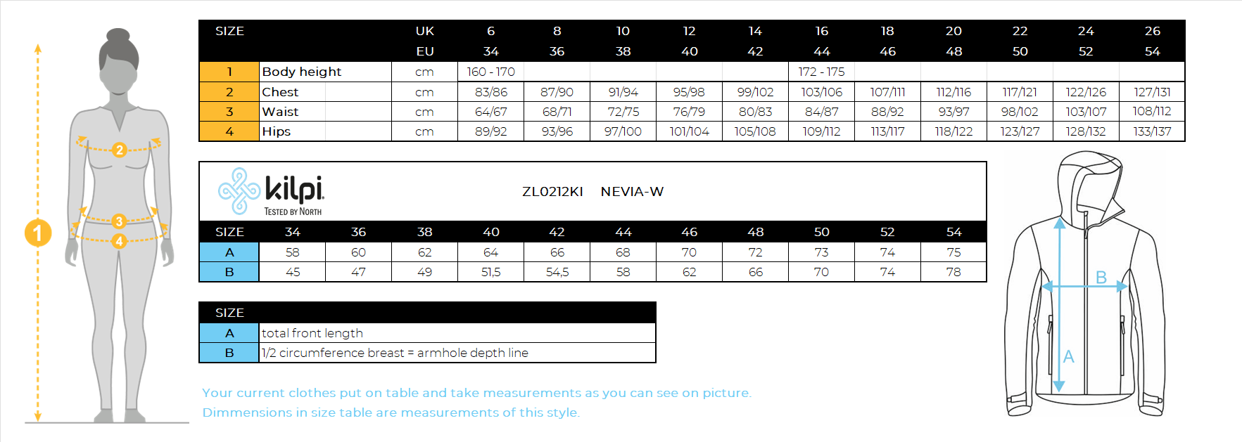 Women's insulated fleece hoodie Kilpi NEVIA-W – Size chart