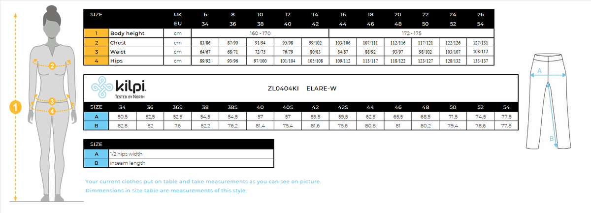 Women's ski pants Kilpi ELARE-W – Size chart
