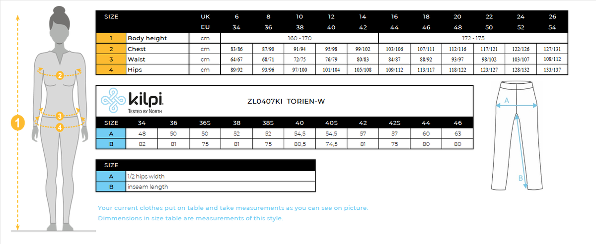 Women's softshell ski pants Kilpi TORIEN-W – Size chart