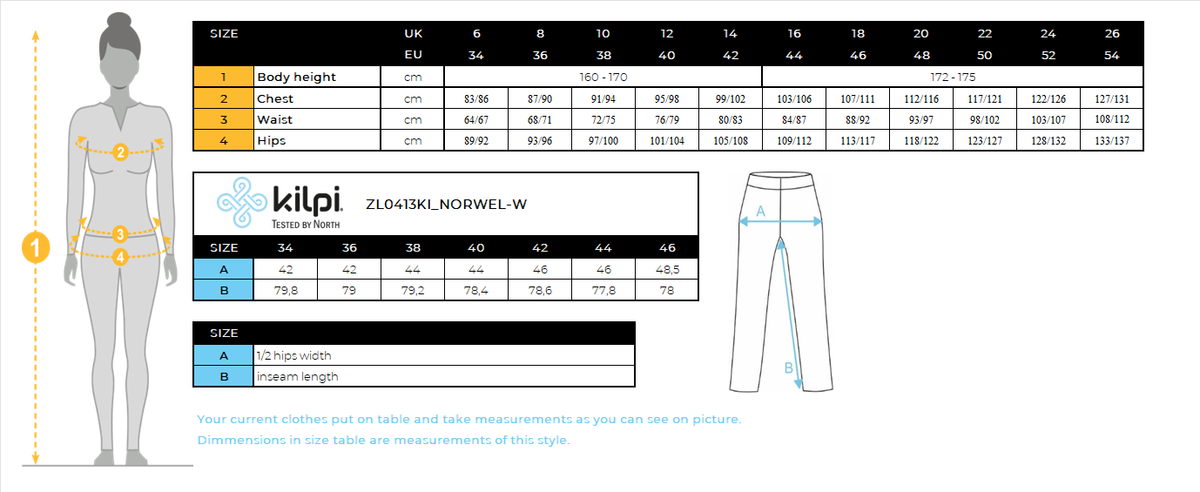 Women's running pants Kilpi NORWEL-W – Size chart