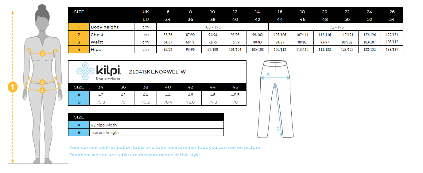 Women's running pants Kilpi NORWEL-W – Size chart