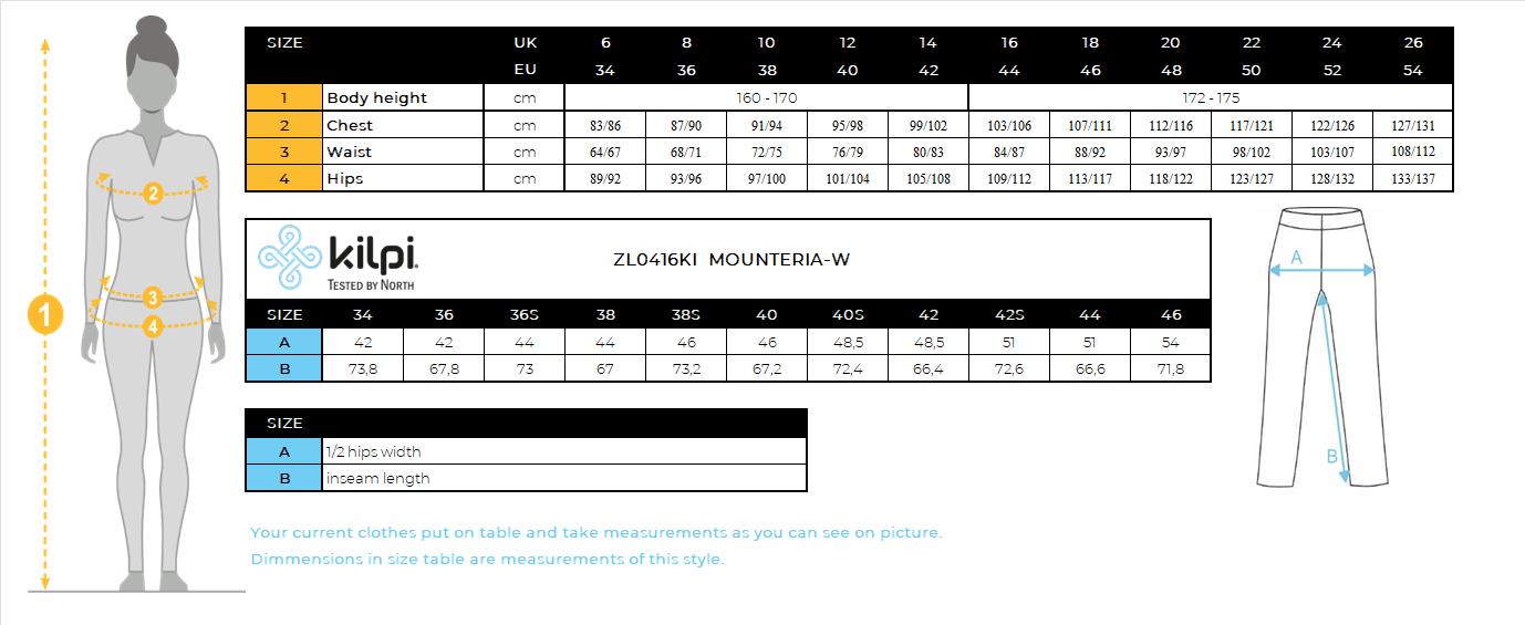 Women's outdoor pants Kilpi MOUNTERIA-W – Size chart