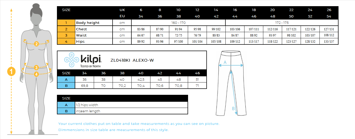 Women's sports leggings Kilpi ALEXO-W – Size chart