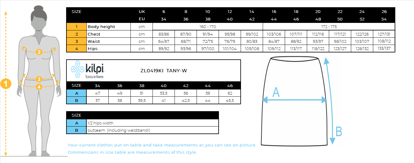 Women's insulated skirt Kilpi TANY-W – Size chart
