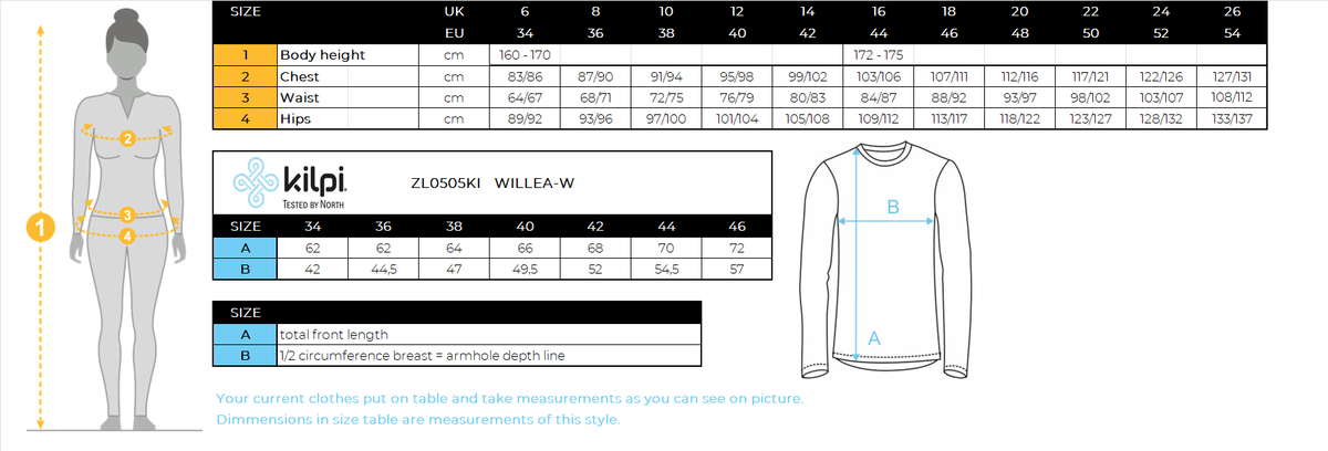 Women's thermal long-sleeve T-shirt Kilpi WILLEA-W – Size chart