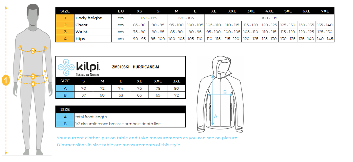 Men's hardshell jacket Kilpi HURRICANE-M – Size chart
