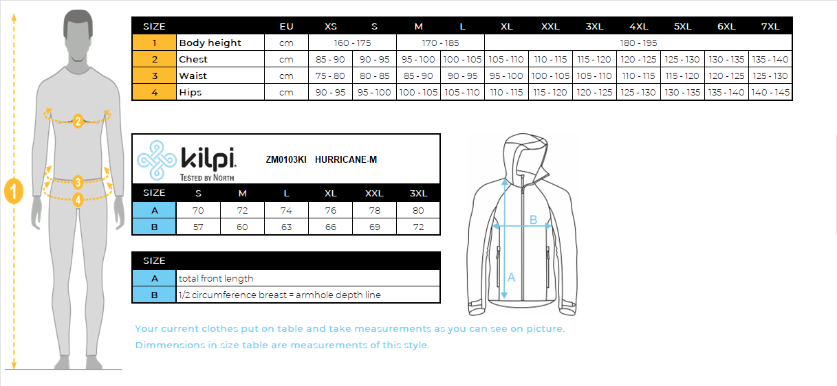 Men's hardshell jacket Kilpi HURRICANE-M – Size chart