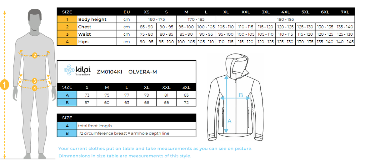 Men's outdoor jacket Kilpi OLVERA-M – Size chart