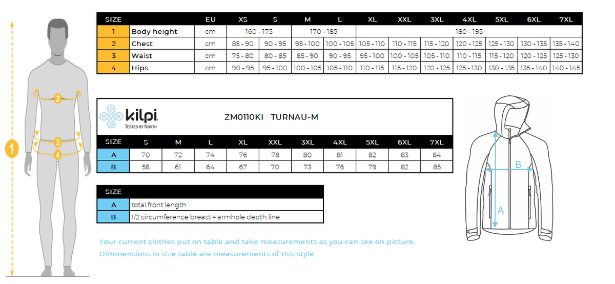 Men's ski jacket Kilpi TURNAU-M – Size chart