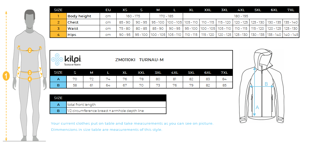 Men's ski jacket Kilpi TURNAU-M – Size chart