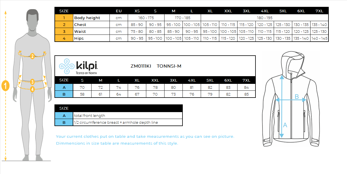 Men's ski jacket Kilpi TONNSI-M – Size chart