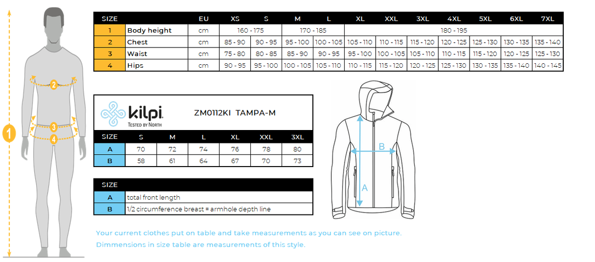 Men's ski jacket Kilpi TAMPA-M – Size chart