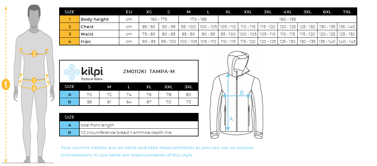 Men's ski jacket Kilpi TAMPA-M – Size chart