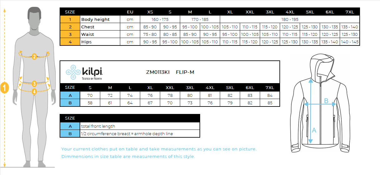 Men's ski jacket Kilpi FLIP-M – Size chart