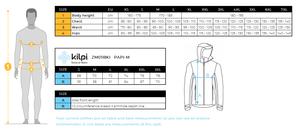 Men's insulated jacket Kilpi PAPI-M – Size chart