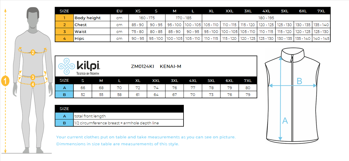 Men's insulated vest Kilpi KENAI-M – Size chart