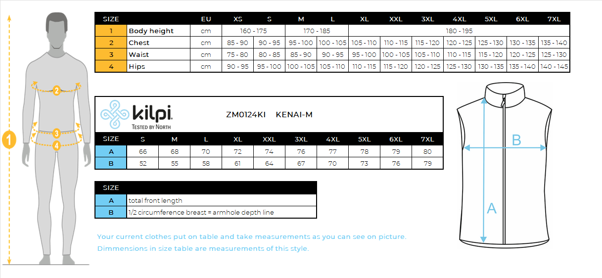 Men's insulated vest Kilpi KENAI-M – Size chart