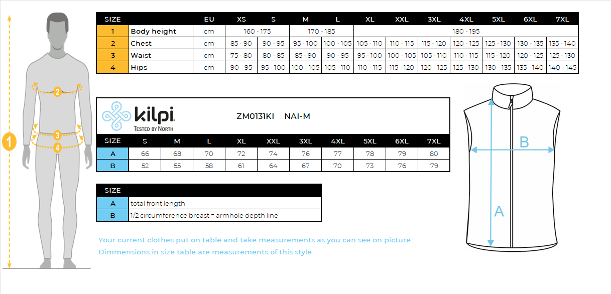 Men's insulated vest Kilpi NAI-M – Size chart