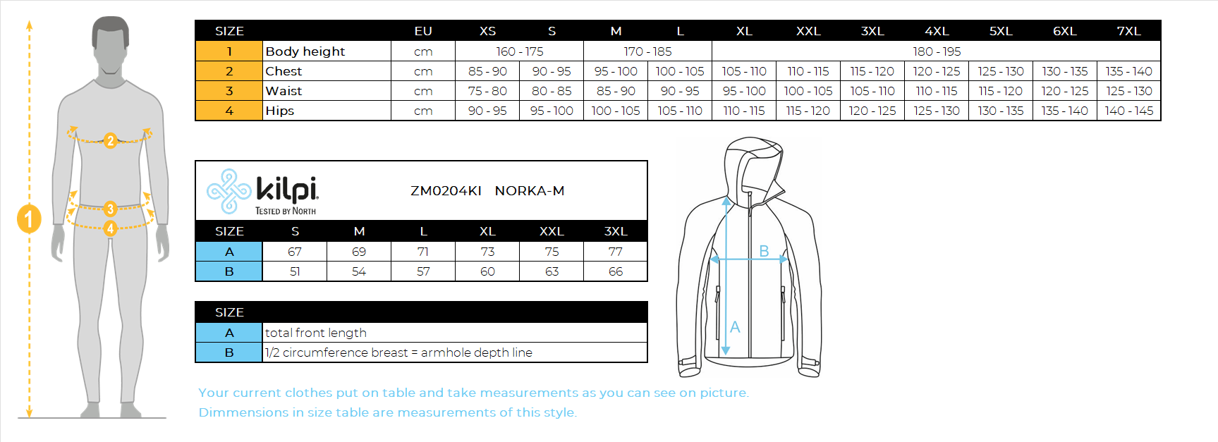 Men's hairy fleece hoodie Kilpi NORKA-M – Size chart