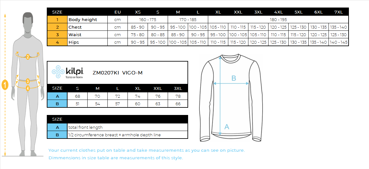Men's fleece middle layer Kilpi VIGO-M – Size chart