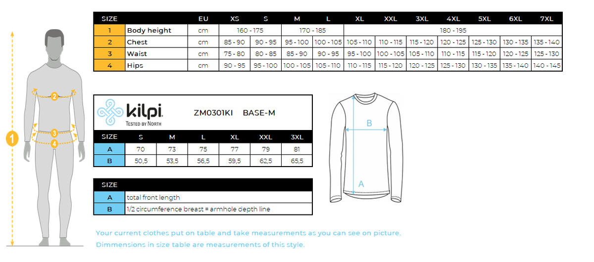 Men's cotton long-sleeve T-shirt Kilpi BASE-M – Size chart