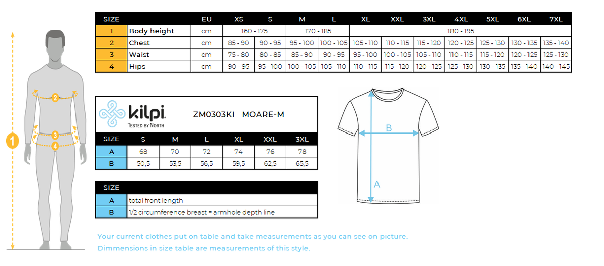 Men's functional T-shirt Kilpi MOARE-M – Size chart