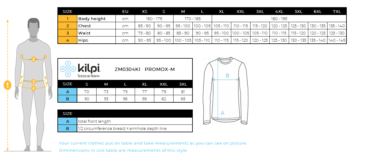 Men's cotton long-sleeve T-shirt Kilpi PROMOX-M – Size chart