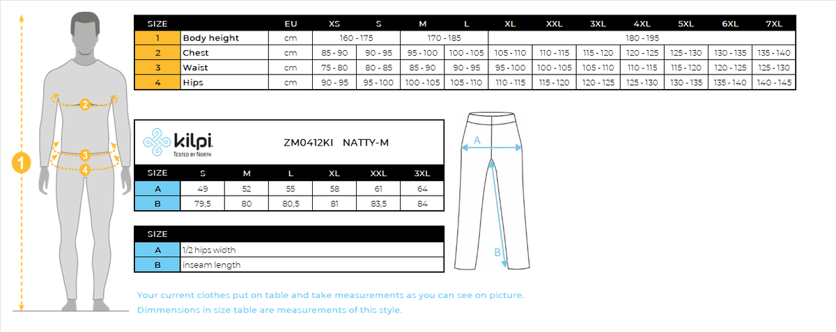 Men's track pants Kilpi NATTY-M – Size chart