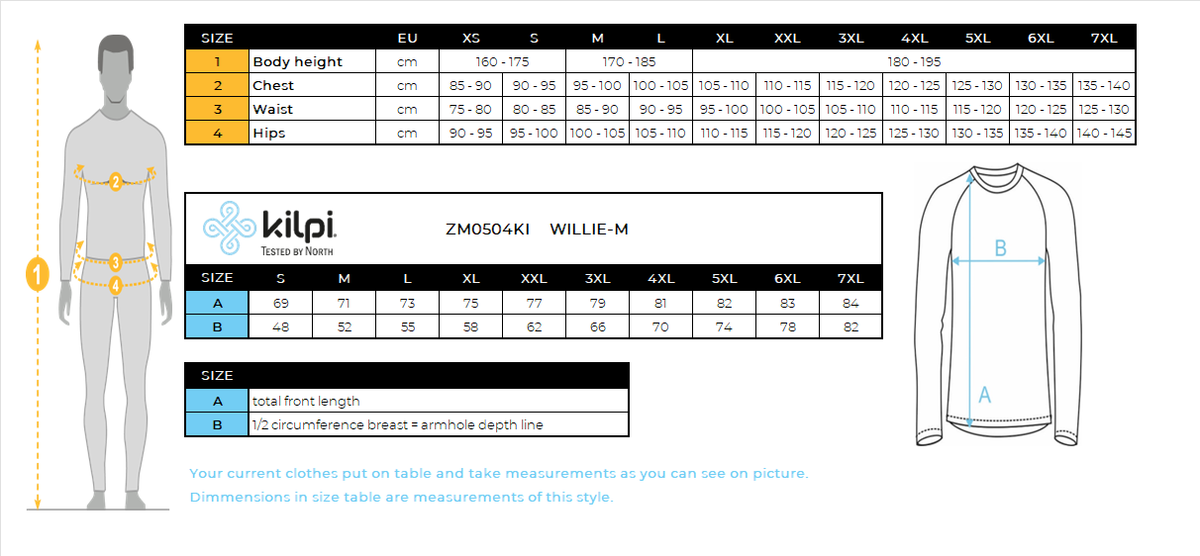 Men's thermal long-sleeve T-shirt Kilpi WILLIE-M – Size chart