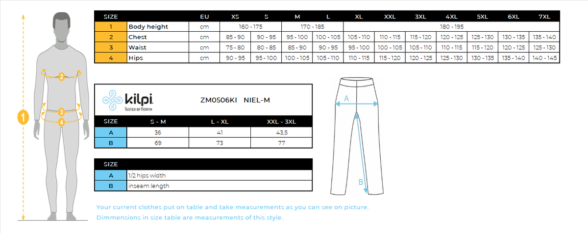 Men's seamless thermal pants Kilpi NIEL-M – Size chart